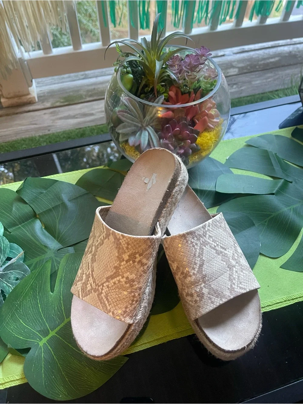 Woven Platform Slide Sandals in Metallic Nude